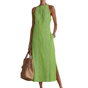 Vestido midi sin mangas para mujer, estilo halter, con encaje y patchwork, línea A, para vacaciones, Dropshipping Shopify, primavera. - Product Image 1