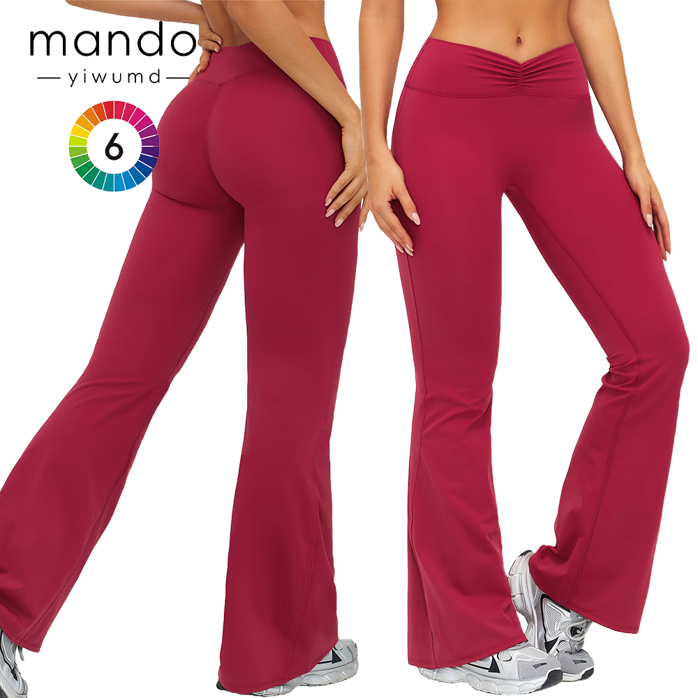 Women's Front Ruched High-Waist Flare Yoga Pants Butt-Lifting Stretchy Gym Wide Leg Legging Loose-fit Nylon Sweatpants