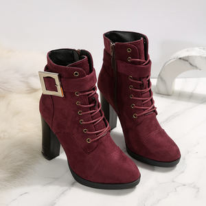 Bottines d'hiver pour femme en coton <span class=keywords><strong>bleu</strong></span> <span class=keywords><strong>marine</strong></span> à bout pointu, talon épais, à lacets, avec boucle, antidérapantes, soutien de la voûte plantaire, style habillé - Product Image 1