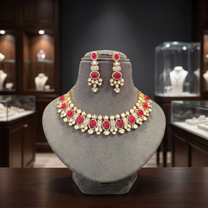 Gold Plated <b>Ruby</b> Red Kundan <b>Necklace</b> Set with CZ Diamond Floral Bridal Jewelry for Women Wedding Party Wear Sparkling CZ Jewelry - Product Image 3