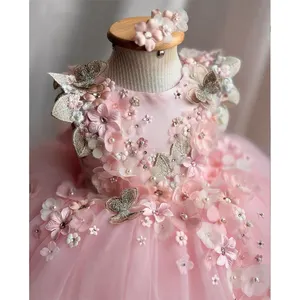 Vestido de noiva de princesa para meninas, vestido bordado de flores para festa de aniversário, vestido de baile de tule, vestidos de flores para meninas