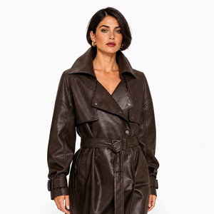 Manteau <span class=keywords><strong>trench</strong></span> <span class=keywords><strong>en</strong></span> PU pour femme, personnalisable OEM, long, coupe-vent, chaud, double boutonnage, <span class=keywords><strong>à</strong></span> revers, décontracté, pour automne-hiver - Product Image 3