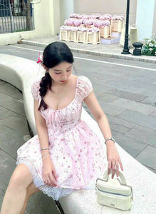 Vestido Floral con Mangas Abullonadas, Cuello Cuadrado, Cintura Fruncida y Ribete de Encaje, Largo Mini, Ligero y Transpirable - Product Image 6