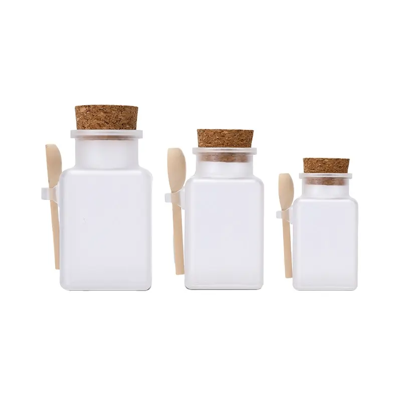 Garrafa fosca transparente, 100ml 200ml 300ml, recipiente de plástico de hortelã, de banho, sal, pote quadrado com rolha e colher, venda imperdível