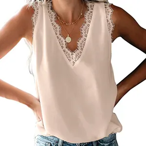 Women's 2022 European and American summer new style solid color lace v-neck sleeveless blouse T plus size chiffon vest