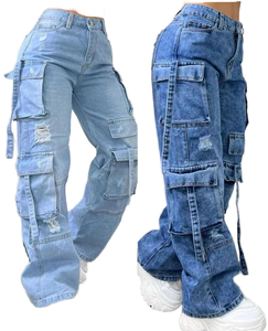 I-0587 Pantaloni da Donna Vintage a Gamba Larga, <span class=keywords><strong>Jeans</strong></span> <span class=keywords><strong>Mom</strong></span> a Vita Alta, Casual Streetwear con Grandi Tasche, Stile Boyfriend in Denim - Product Image 1