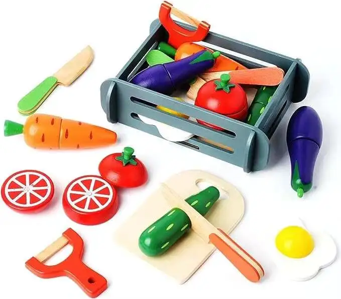 ของเล่นสมมติว่าเล่นอาหารสำหรับเด็กชุดของเล่นไม้บีชสำหรับตัดผักและผลไม้