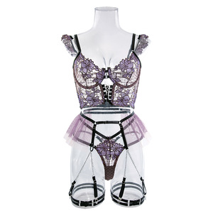 Lencería sexy popular estilo INS con liguero, conjunto de sujetador de rejilla transparente erótico, ropa interior ajustable, pantalones T-Back, bikini transparente - Product Image 6