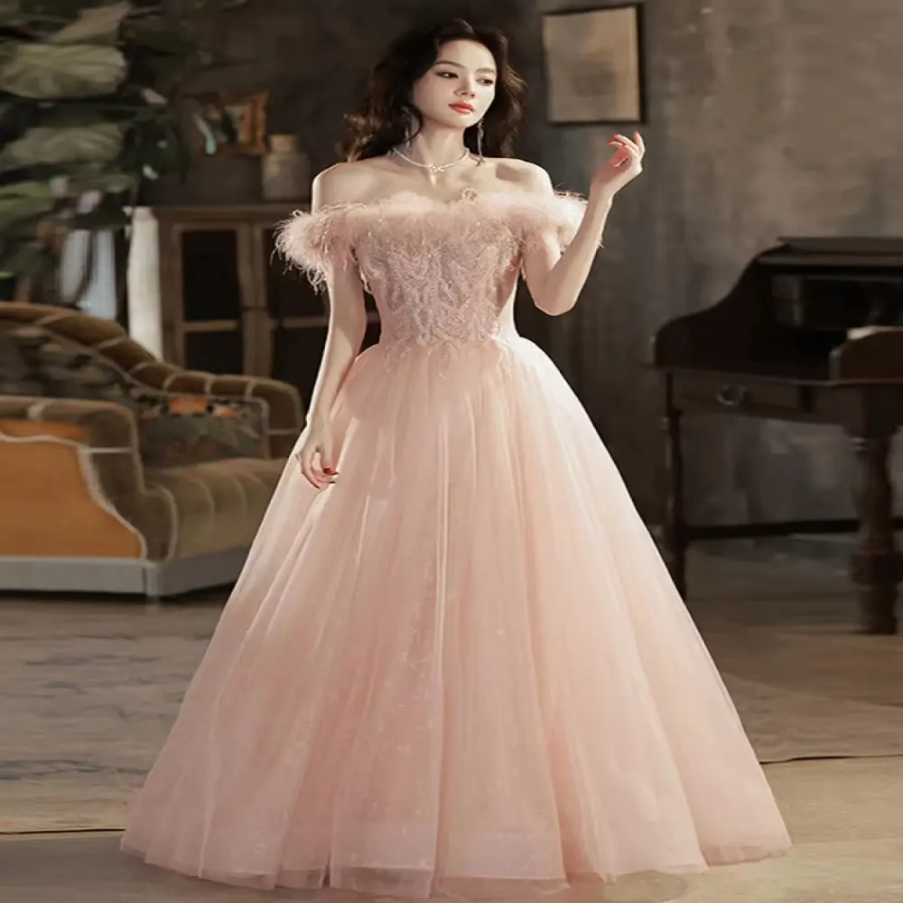 Pink Feather High-End Evening Dress Off Shoulder Light Luxury Engagement Toast Costume Host Birthday Performance Costume