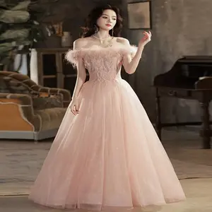 Pink Feather High-End Evening Dress Off Shoulder Light Luxury Engagement Toast Costume Host Birthday Performance Costume