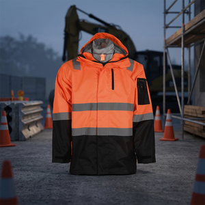 Reflective Hi <b>Vis</b> ANSI Class 1 Safety <b>Jacket</b> for Men <b>Orange</b> Waterproof Polyester Rain <b>Jacket</b> with Hood - Product Image 4