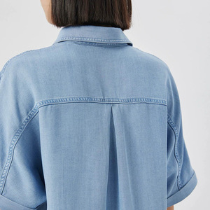 Camisa de Mezclilla de Algodón para Mujer, <span class=keywords><strong>Manga</strong></span> <span class=keywords><strong>Corta</strong></span>, Diseño Verano 2026, Camisa Azul Chic - Product Image 2