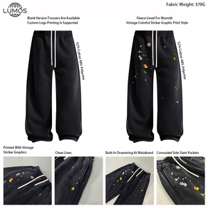 Pantalones de chándal para <span class=keywords><strong>hombre</strong></span> con cordón, de pierna ancha curvada, con estampado de pegatinas, de felpa gruesa de 370GSM, estilo vintage lavado, al por mayor en stock - Product Image 2