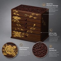 Boîte de rangement pour bijoux en bois de noyer avec intérieur en velours, design floral peint à la main, emballage cadeau personnalisé