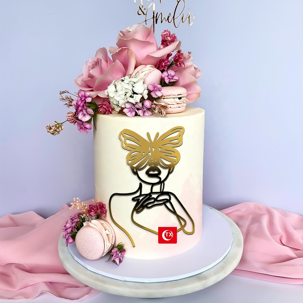 Set De Déco De Gâteau JeVenis Lady Face | Acrylique Minimaliste | 2 Visages + Feuilles De Palmier + Boules Dorées | Rose