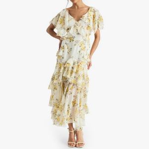 Vestido Largo de Verano con Volantes Florales para Mujer, Cuello en V, Chifón en Capas, Elegante, para Playa o Vacaciones - Product Image 1