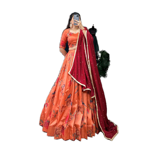 Magníficos juegos modestos de seda Tussar hilo naranja bordado Lehenga Choli con Dupatta - Product Image 1