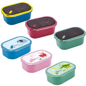 Fiambrera Bento portátil de doble capa para niños, fiambrera antiderrame de acero inoxidable con cuchara