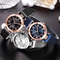Montre-bracelet pour femme avec bracelet en maille, chiffres romains, index en cristal, cadran soleil et barrettes en T, style habillé