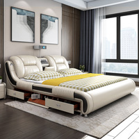 Lit intelligent en cuir rembourré avec tiroirs de rangement, design bicolore pour chambre à coucher