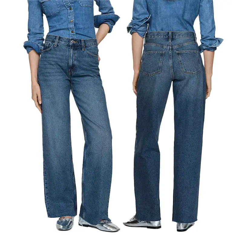 جينز عال الجودة مخصص كلاسيكي غير رسمي للنساء مغسول بساق واسعة جينز كلاسيكي قطن 100% عالي الخصر مطاطي حاشية جينز للسيدات