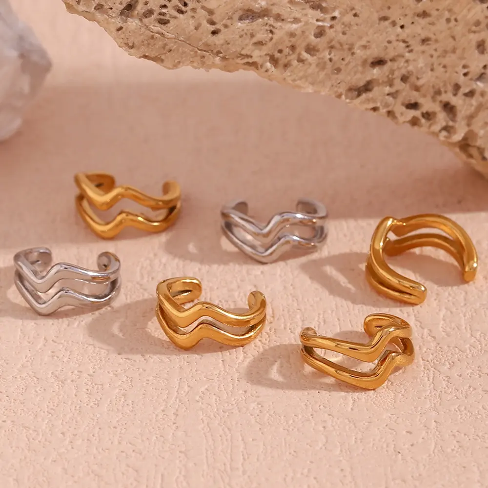 Dreamshow Minimalist Water Wave Clip On Earring Gold Plated Ear Cuff Earrings Non Pierced Stainless Steel