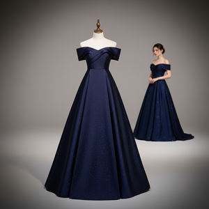 Abito da Sera <span class=keywords><strong>Blu</strong></span> Ecologico Dignitoso ed Elegante in <span class=keywords><strong>Raso</strong></span> Paillettato con Vita Naturale, Monospalla, Ampia Gonna e Strascico - Product Image 1