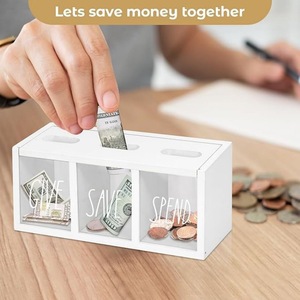 Boîte à monnaie en bois rectangulaire à 3 compartiments pour ranger, économiser et dépenser, organiseur de bureau - Product Image 4