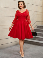 Robe décontractée pour femmes AOMEI, col en V, manches trois quarts, avec dentelle, coupe évasée, rouge brillant, grande taille, pour la danse et l'été