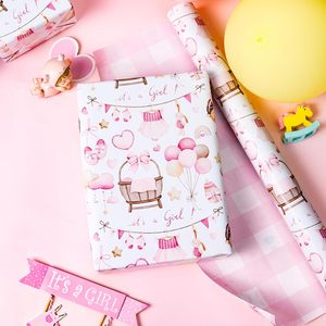 Baby Girl Wrapping Paper <b>Pink</b> Plaid It's A Girl Gift <b>Wrap</b> 17x33 Feet Double Side Eco Friendly For Baby Shower 1st Birthday - Product Image 2