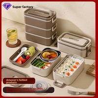 Boîte à lunch isotherme rectangulaire en acier inoxydable 304 de qualité alimentaire, scellée au micro-ondes, double compartiment, style bento japonais avec couvercle, pour étudiants