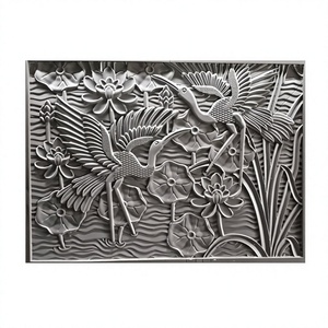 Panneau mural en pierre naturelle de style asiatique, motif 3D oiseau et lotus, finition polie, décorations murales pour escalier - Product Image 1