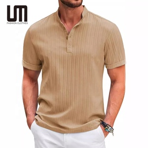 T-shirts décontractés pour hommes en gros à prix avantageux, col en V, grande taille, mode été, vintage, respirant, manches courtes, tissu teint en fil, motif uni - Product Image 1