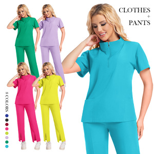 International Station Scrub <b>Set</b> Short Sleeve Zippered Unisex Medical Uniform Moisture Wicking Split <b>Set</b> For <b>Doctors</b> Nurses - Product Image 1