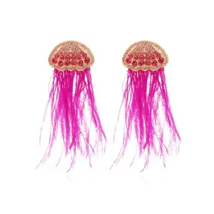 fashion long colorful rhinestone sailor tassel earrings personality ostrich feather drop ears decoration modern trendy jewelry