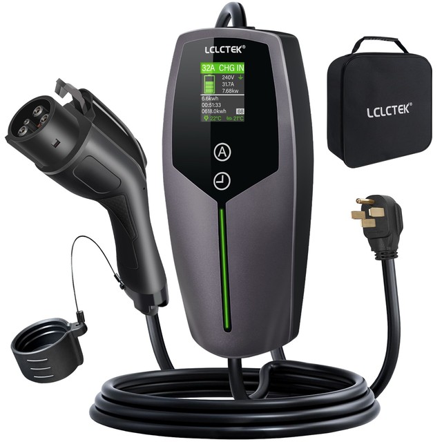 LCLCTEK Portable J1772 EV Charger Level 2 NEMA 14-50P Adjustable Current Electric Mobile Car Charger 7.68KW EV Charging Station