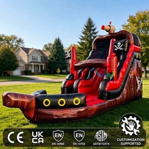Bateau gonflable pirate avec toboggan aquatique, piscine à éclaboussures, drapeaux Tête de Mort et Jolly <span class=keywords><strong>Roger</strong></span> pour festival en plein air - Product Image 1