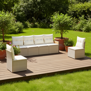 Ensemble de canapés de jardin beige crème blanc, meubles d'extérieur en rotin, 4 places, résistant aux intempéries, structure en teck - Product Image 2