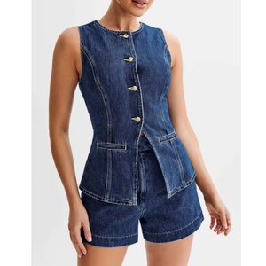 Elegant Denim Button Down Sleeveless <b>Jacket</b> Jean Two Piece Set Outfits Short Sets for Women - Product Image 2