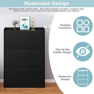 Meuble de rangement à chaussures en bois noir multicouche ultra-mince et haut, avec 3 portes coulissantes et palette en bambou - Product Image 3