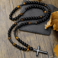 Collier Croix Religieuse pour Homme Très Demandé, Perles en Œil de Tigre Jaune et Gallstones Noirs Naturels, Style Hip Hop