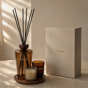 Aikun Factory Made Large Capacity Amber Glass Long Lasting Reed <b>Diffuser</b> Candle Set with Any Scent Custom Foil Logo Beige Box - Product Image 1
