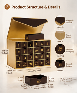 Boîte cadeau calendrier de l'avent en carton rigide brun doré à 24 tiroirs avec couvercle enveloppe, dorure à chaud et impression personnalisée - Product Image 2