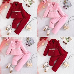 Stile europeo giacca a maniche lunghe a maniche lunghe con maniche rosse + cintura bianca + <span class=keywords><strong>pantaloni</strong></span> lunghi abiti da <span class=keywords><strong>bambina</strong></span> <span class=keywords><strong>eleganti</strong></span> per bambini vestiti di compleanno - Product Image 2
