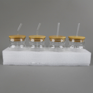 专业制造商定制4pcs透明高硼硅玻璃杯，带盖和吸管 - Product Image 1