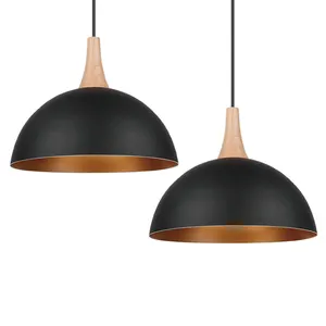 Contemporary Ceiling Set 2 Black Lampshade Suspended Fixture Industrial Wooden Pendant Light for Dinning Room