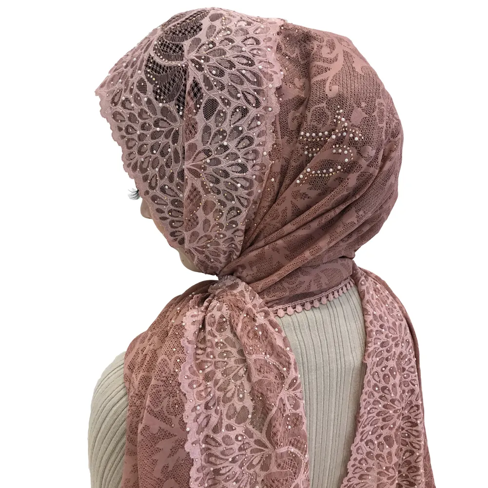 2020 מפעל באיכות גבוהה מוסלמי חם יהלום Hijabs צעיף סריגה שחבור חרוז טווס תחרה חיג 'אב צעיף
