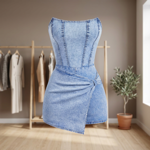 Robe en jean asymétrique sexy, taille haute, coupe ajustée, délavée, couleur unie, style été pour femme - Product Image 4