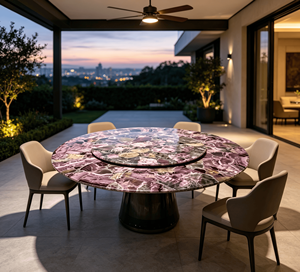 โต๊ะรับประทานอาหารหินอ่อนสีม่วงอเมทิสต์ธรรมชาติ พร้อมถาดหมุนแบบ Lazy Susan ดีไซน์ทันสมัย ขาโลหะ สำหรับ 8 ที่นั่ง เฟอร์นิเจอร์รับประทานอาหารสุดหรูสำหรับวิลล่า - Product Image 2