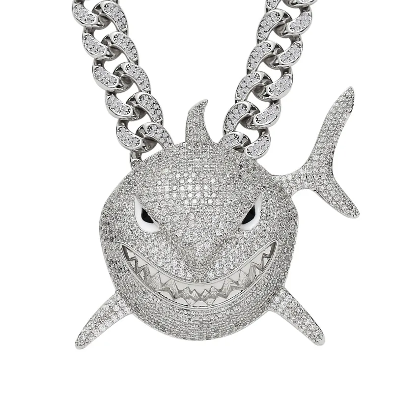 Big Shark Pendant Cuban Liên Kết Chuỗi Iced Out Shining Phòng Thí Nghiệm Kim Cương VVS1 Moissanite Đá Pendant Dây Chuyền